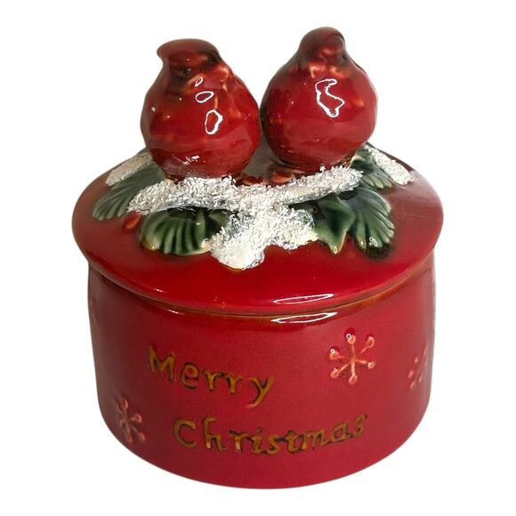 Red Cardinals Merry Christmas Ceramic Lidded Trinket Box Holiday Winter Canister - Picture 1 of 9